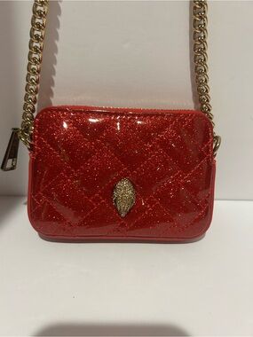 Kurt Geiger Kensington Red Quilted Glitter Crossbody Bag with Gold Chain